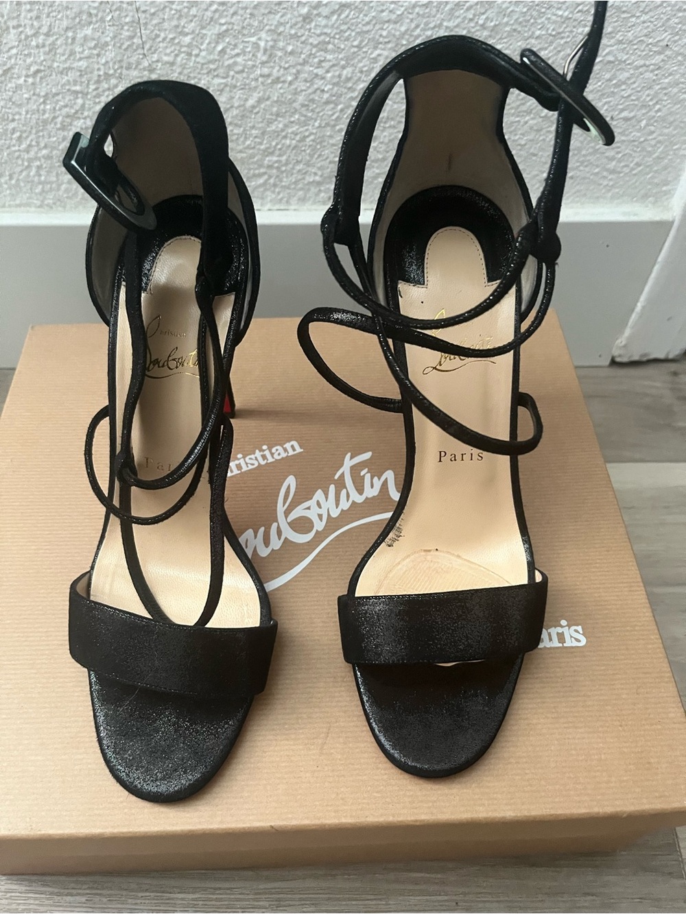 Christian Louboutin Black Lace-Up Satin High Heel Sandals